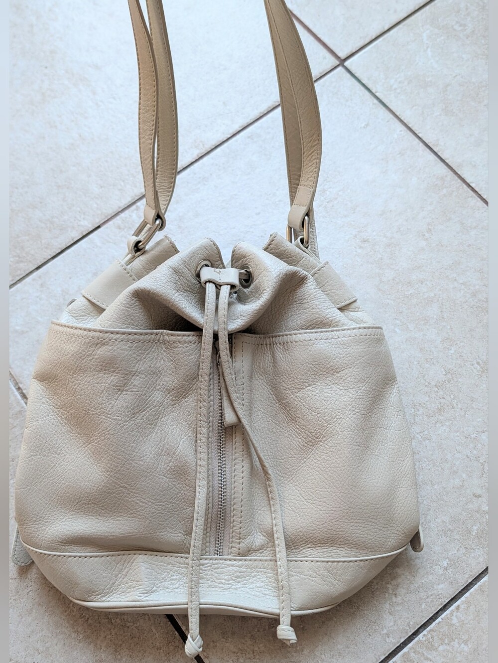Gianni Chiarini Pearl Oyster Leather Drawstring Bucket Shoulder Bag